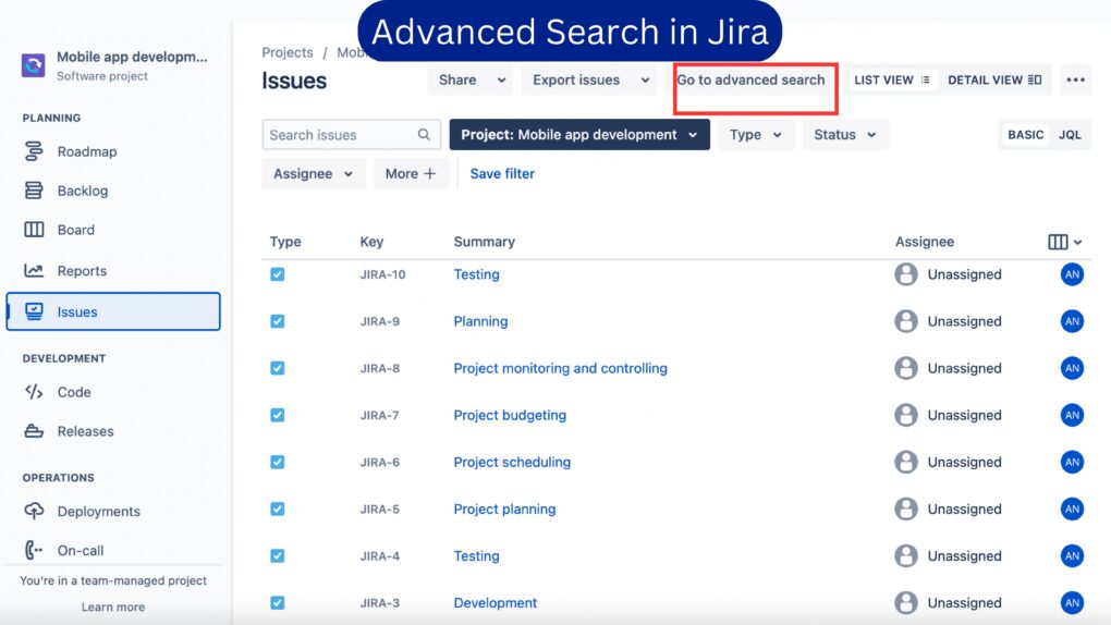 Advanced Search in Jira