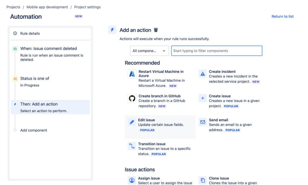Jira Automation Rule: Actions