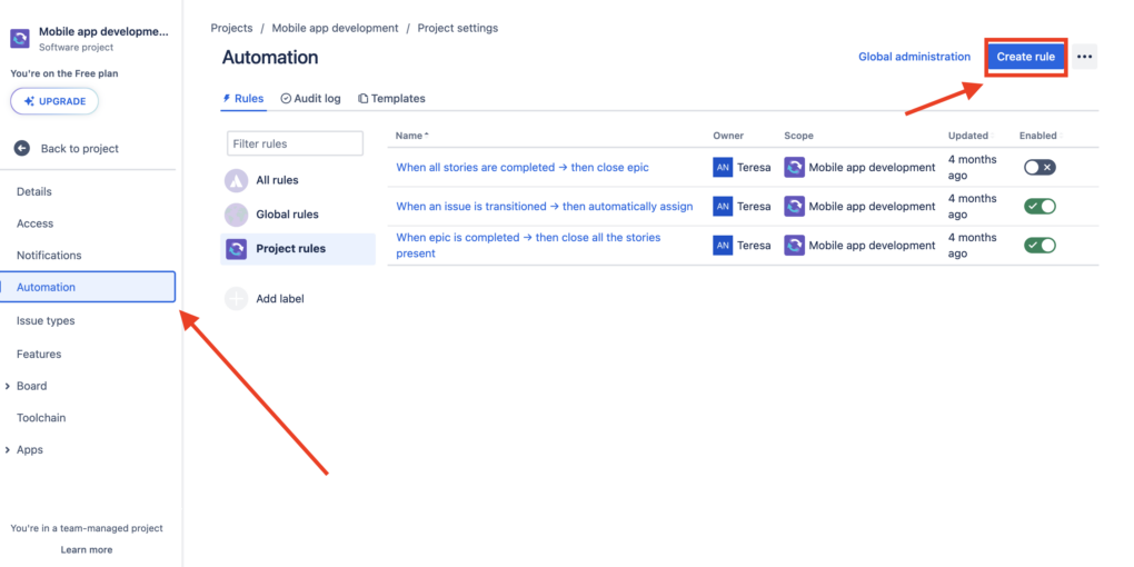 Jira Automation Rule: Begin Rule Creation