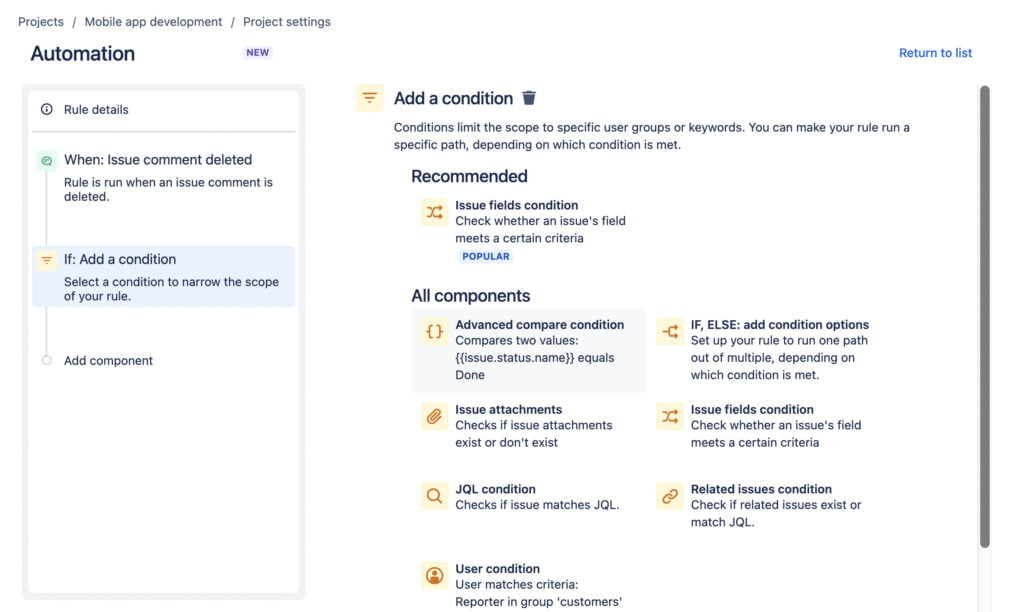 jira automation rule: Conditions