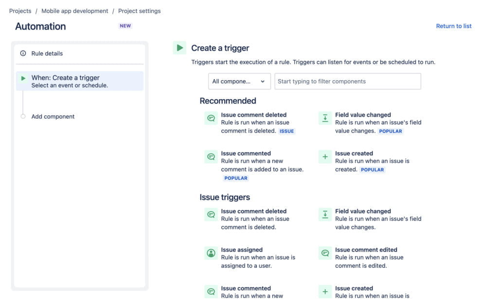 jira automation rule, Triggers