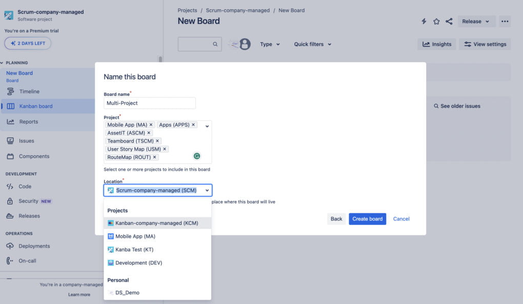 Set the board's location within Jira.